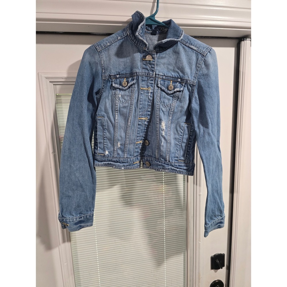 American Eagle Distressed Denim Jacket Medium Wash Cropped Trucker Small